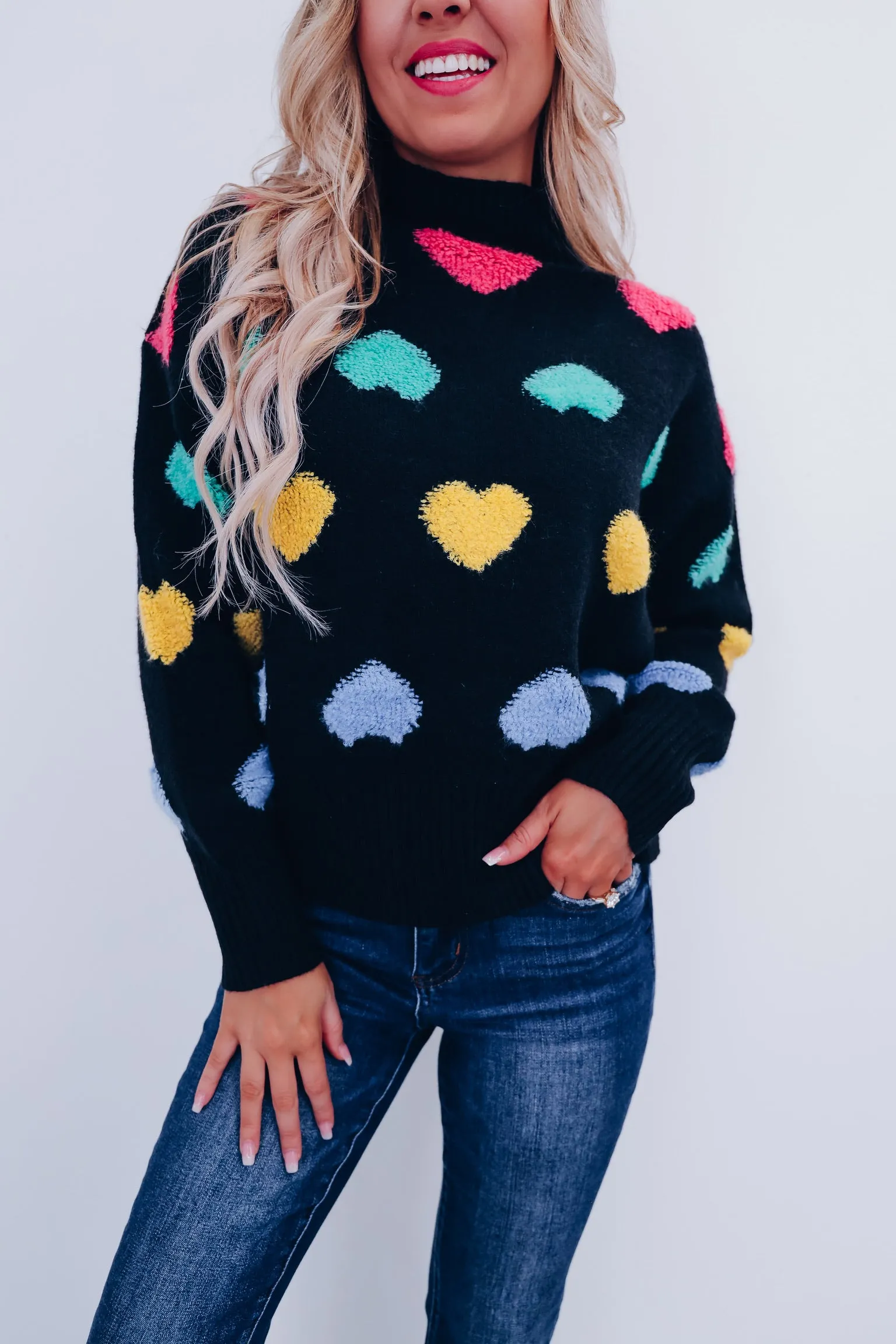 Chenille Hearts Mock Neck Sweater