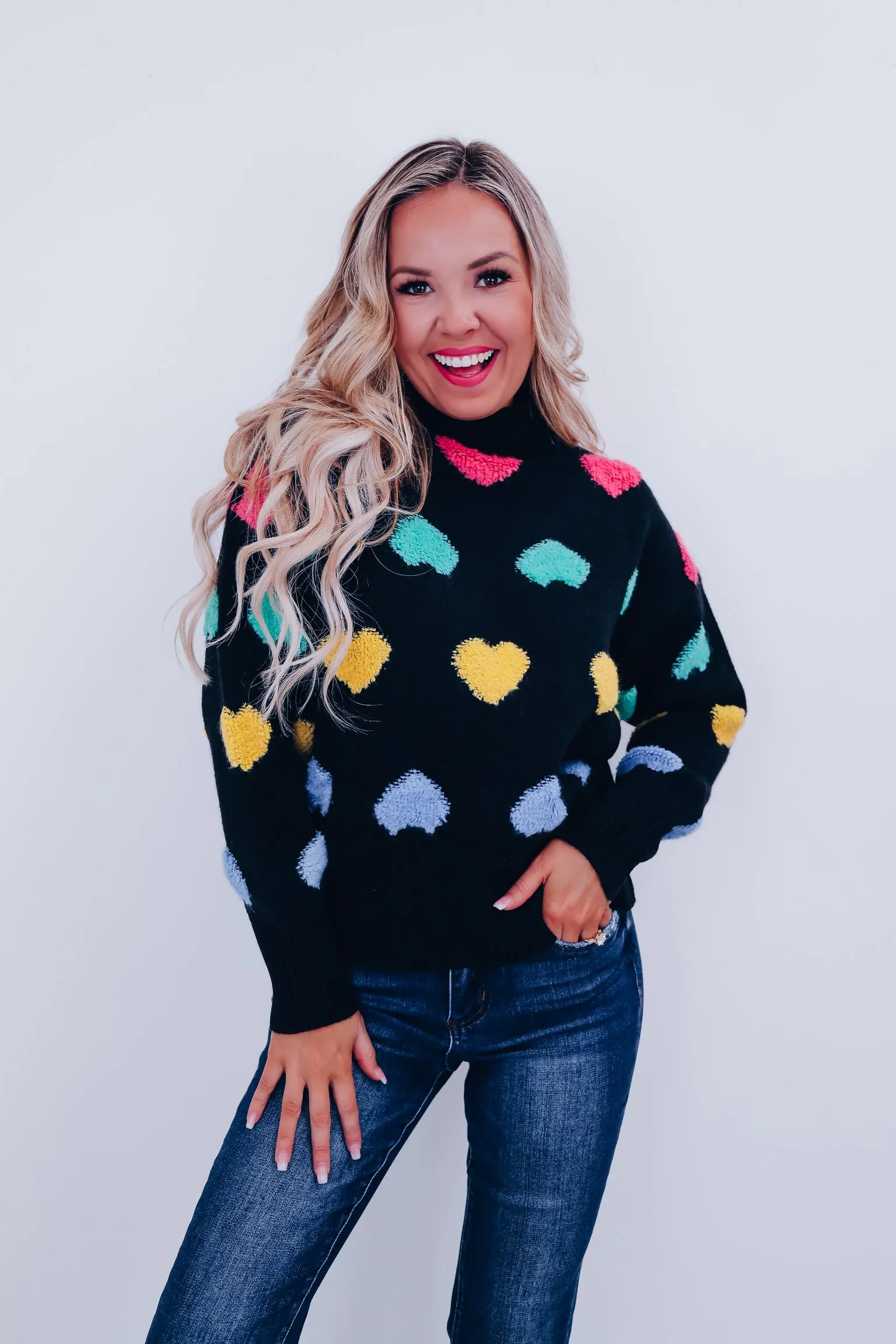 Chenille Hearts Mock Neck Sweater