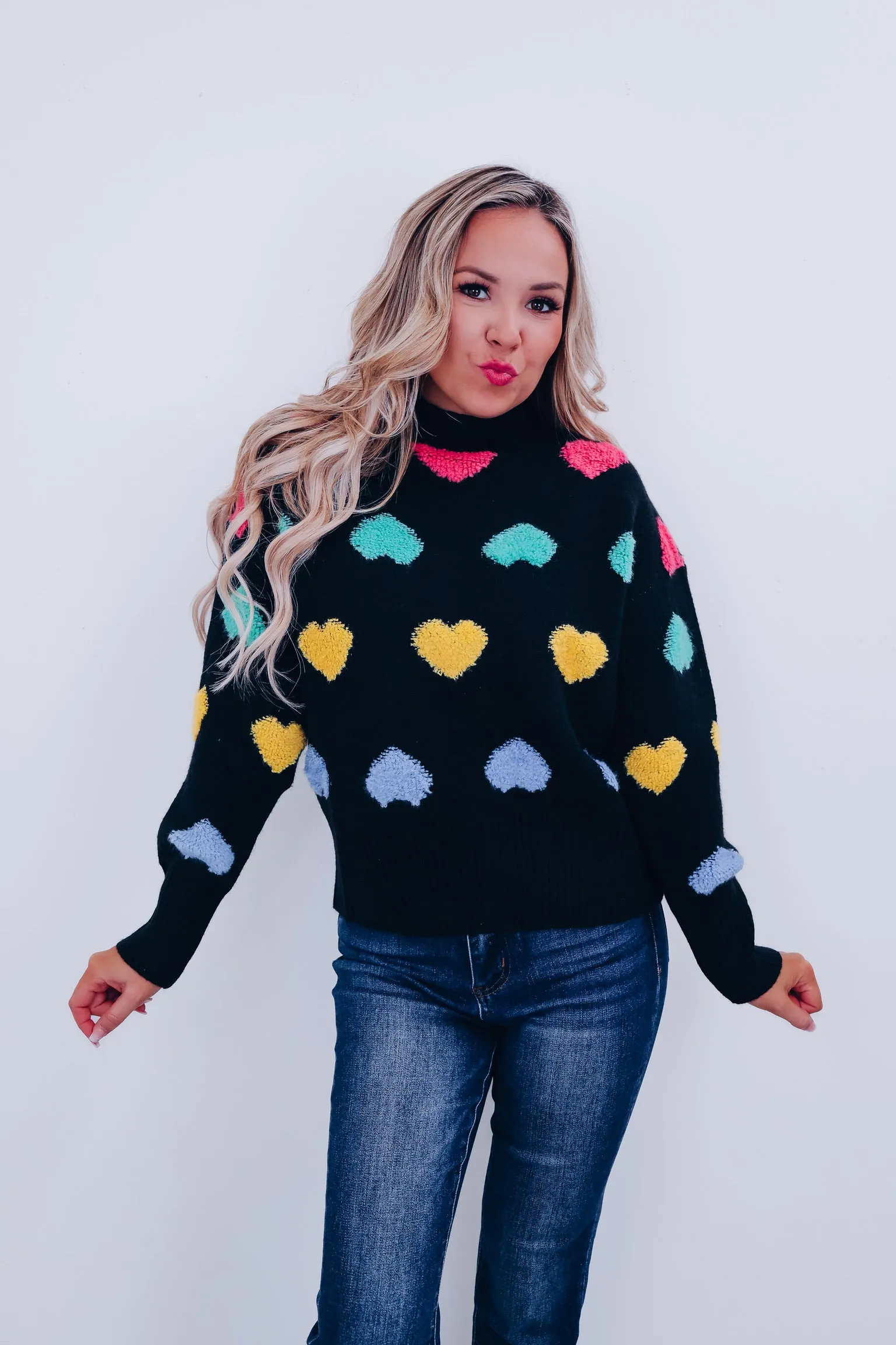 Chenille Hearts Mock Neck Sweater