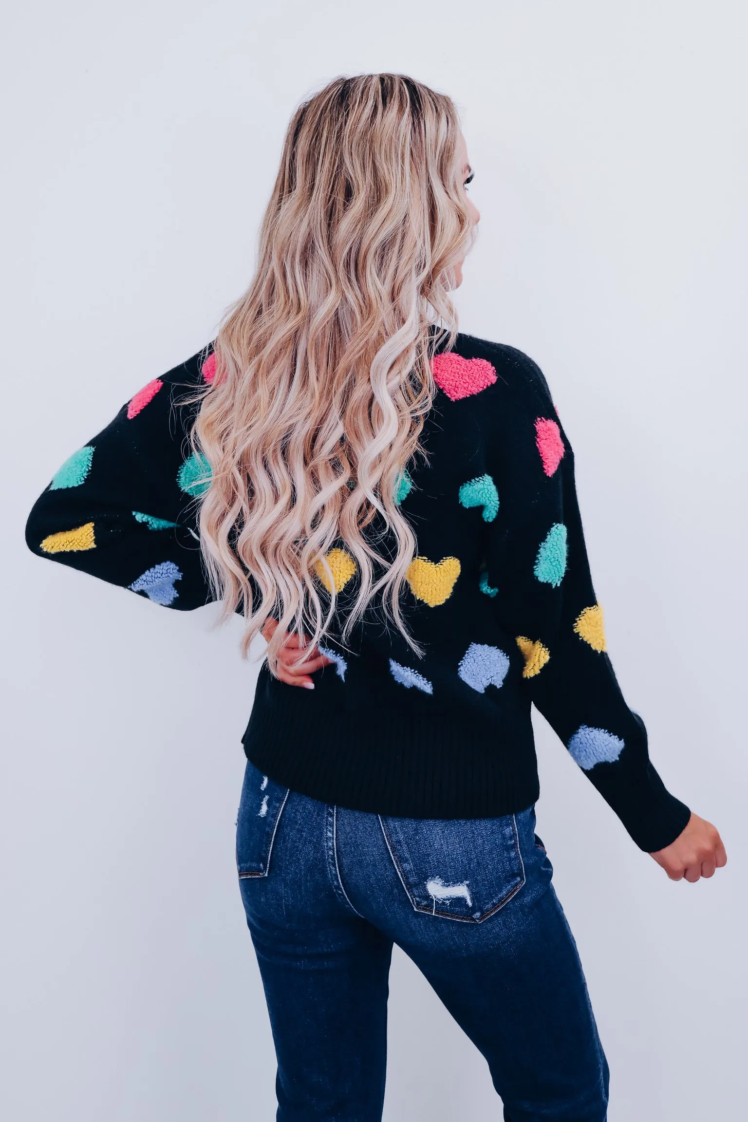 Chenille Hearts Mock Neck Sweater