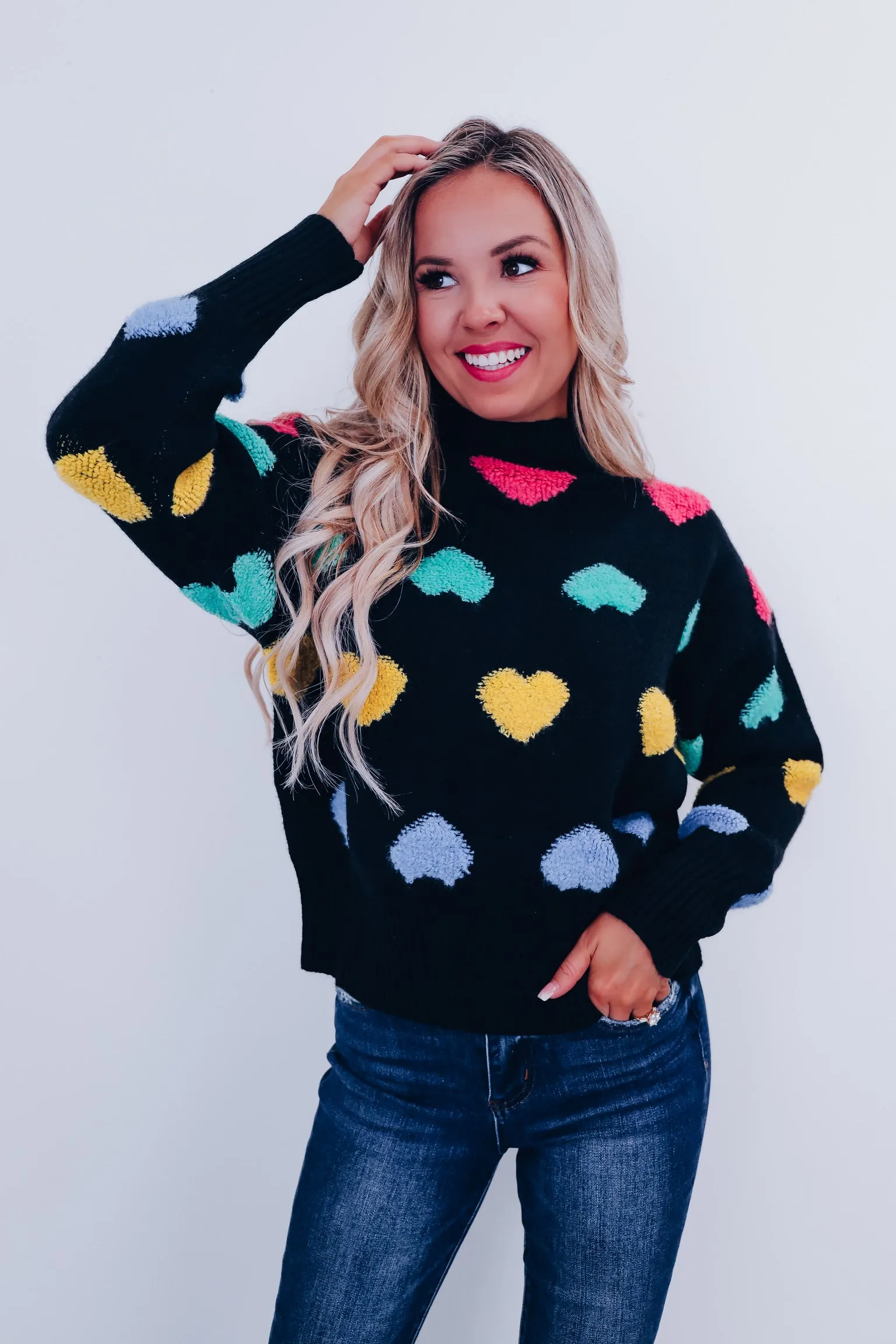Chenille Hearts Mock Neck Sweater
