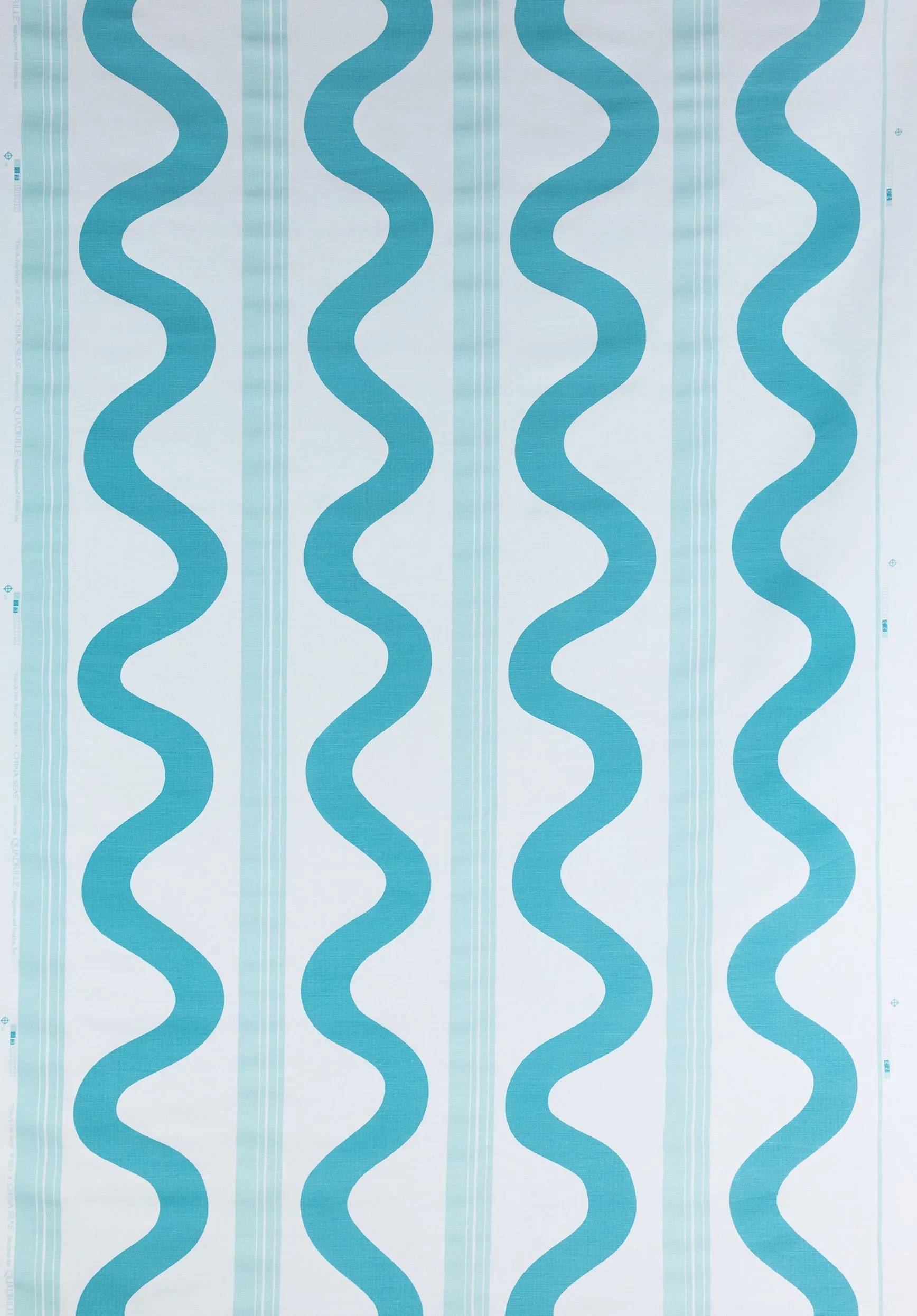 China Seas Fabric: Tete a Tete Vertical - Custom Aqua / Teal on White Belgian Linen / Cotton
