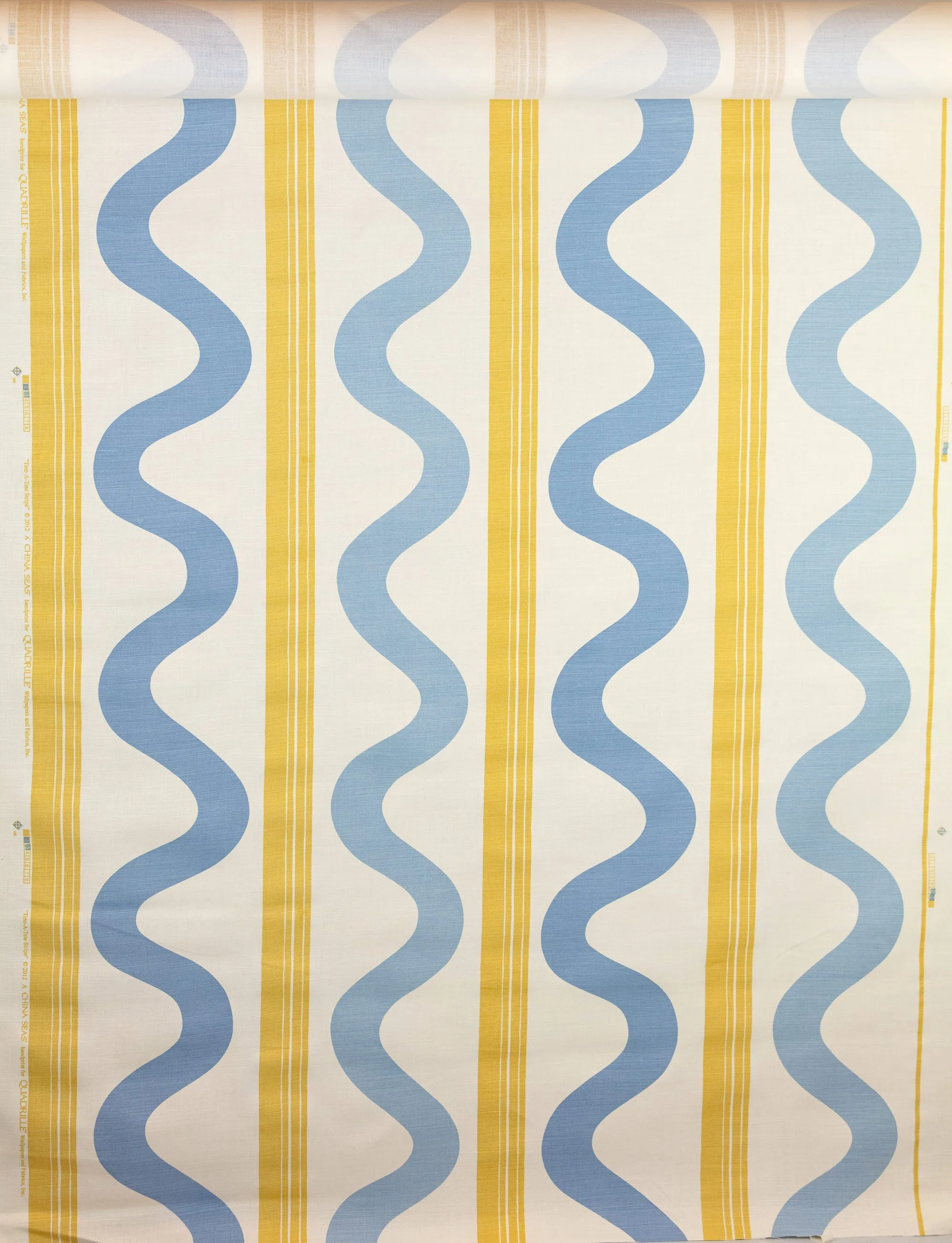 China Seas Fabric: Tete a Tete Vertical - Custom Inca Gold / French Blue / Blue on Tinted Belgian Linen / Cotton