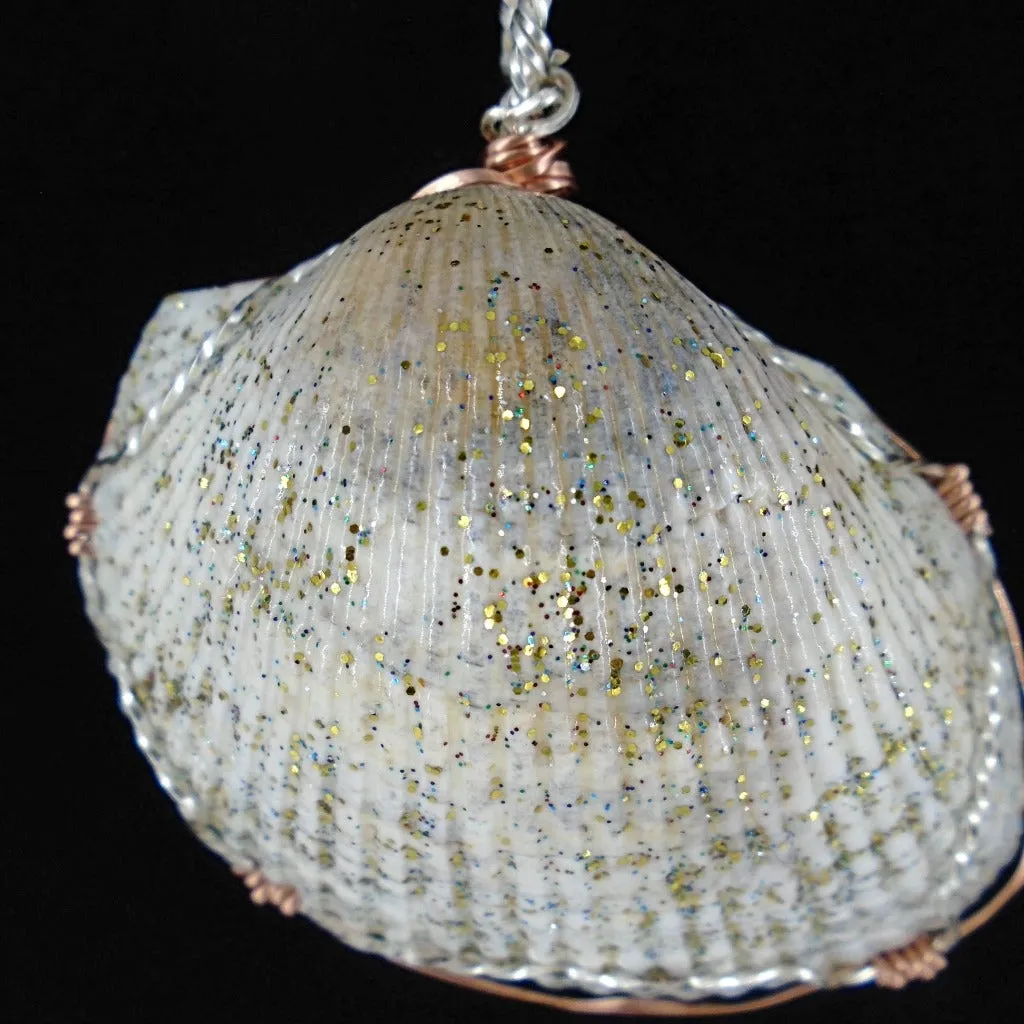Cockle Shell  Handmade Pendant Glitter Coated Silver/Copper Tone Wire Wrapped-Beach Boho