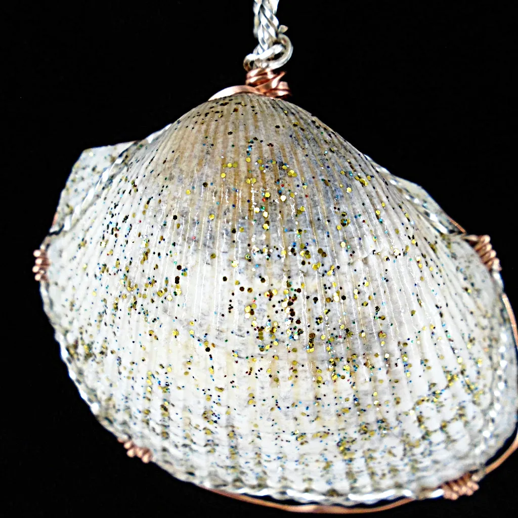 Cockle Shell  Handmade Pendant Glitter Coated Silver/Copper Tone Wire Wrapped-Beach Boho