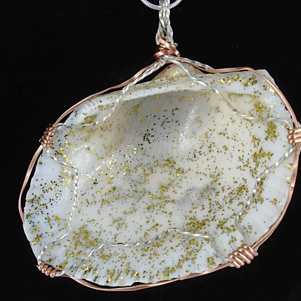 Cockle Shell  Handmade Pendant Glitter Coated Silver/Copper Tone Wire Wrapped-Beach Boho