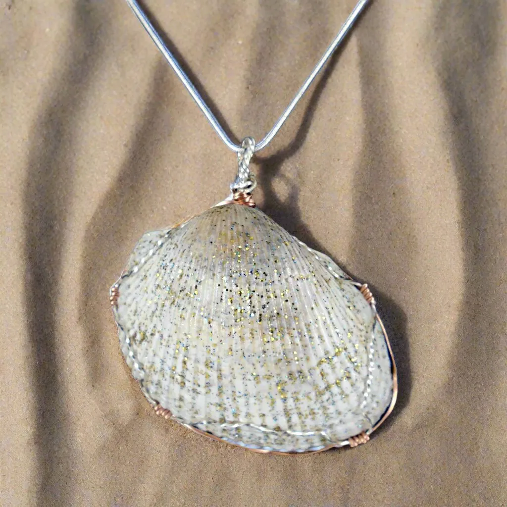 Cockle Shell  Handmade Pendant Glitter Coated Silver/Copper Tone Wire Wrapped-Beach Boho