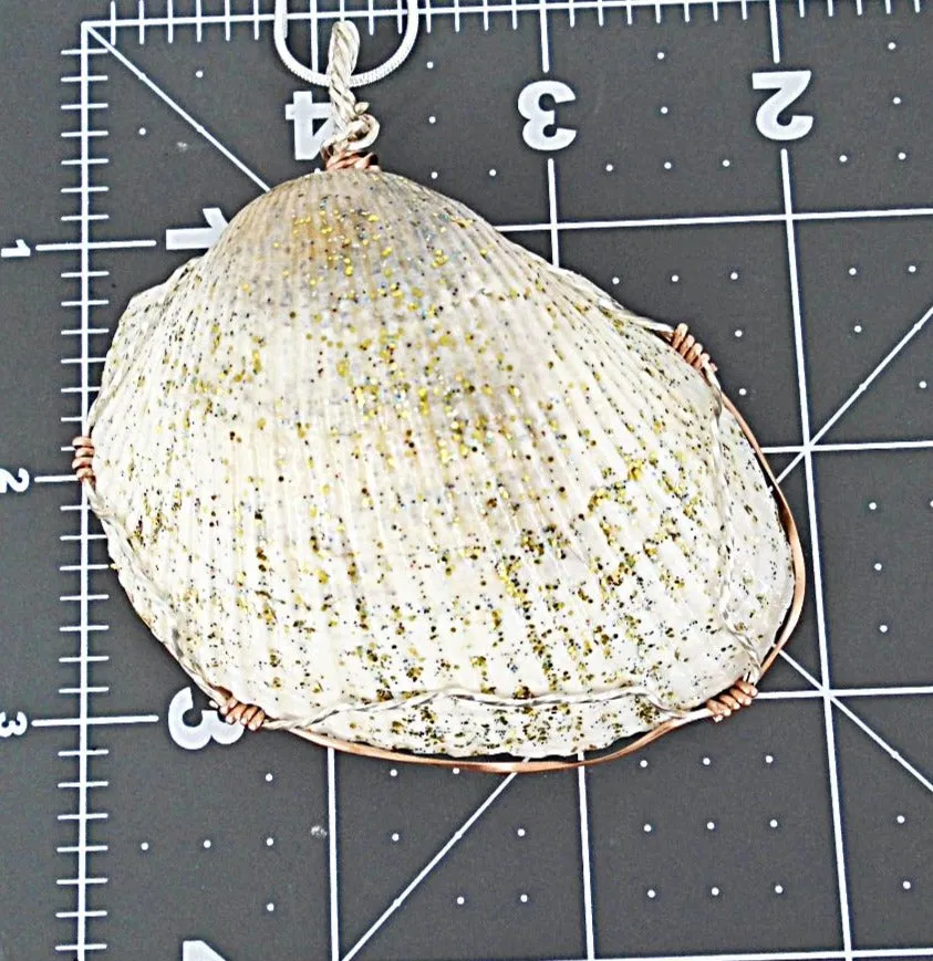 Cockle Shell  Handmade Pendant Glitter Coated Silver/Copper Tone Wire Wrapped-Beach Boho