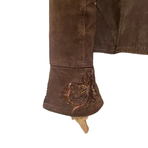 Coldwater Creek brown leather embroidered boho jacket size small