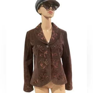 Coldwater Creek brown leather embroidered boho jacket size small