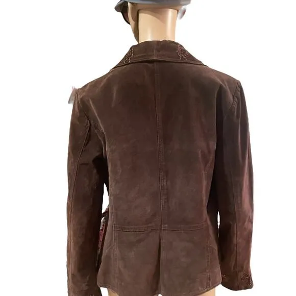 Coldwater Creek brown leather embroidered boho jacket size small