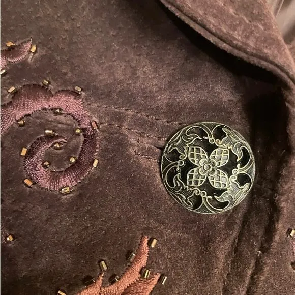 Coldwater Creek brown leather embroidered boho jacket size small