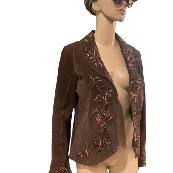 Coldwater Creek brown leather embroidered boho jacket size small