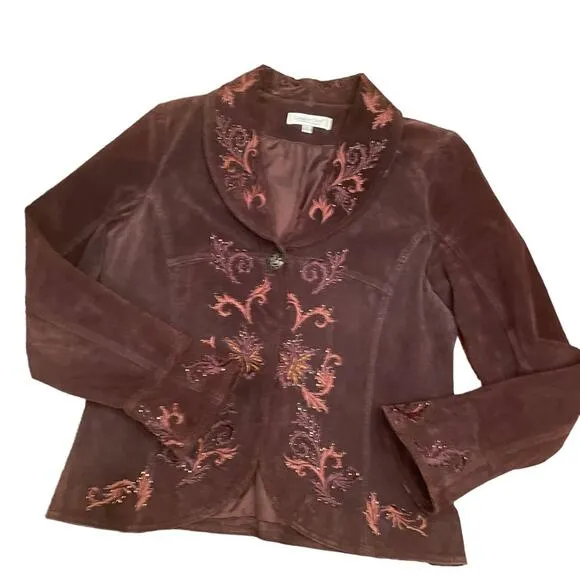 Coldwater Creek brown leather embroidered boho jacket size small