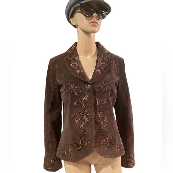 Coldwater Creek brown leather embroidered boho jacket size small