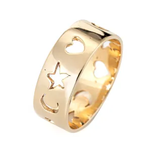 Crescent Moon Star Love Heart Band Sz 10 Vintage 14k Yellow Gold Cut Out Ring