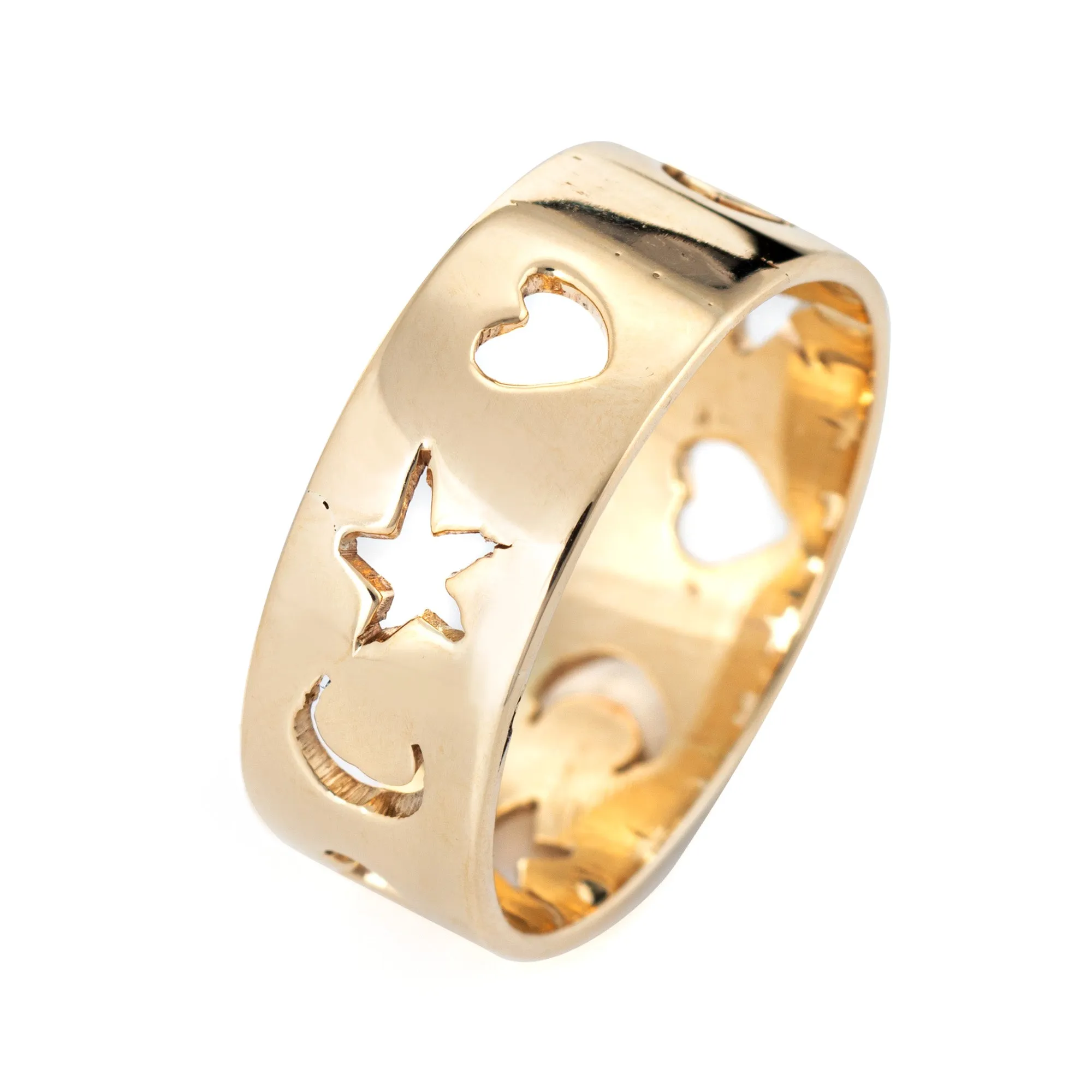 Crescent Moon Star Love Heart Band Sz 10 Vintage 14k Yellow Gold Cut Out Ring