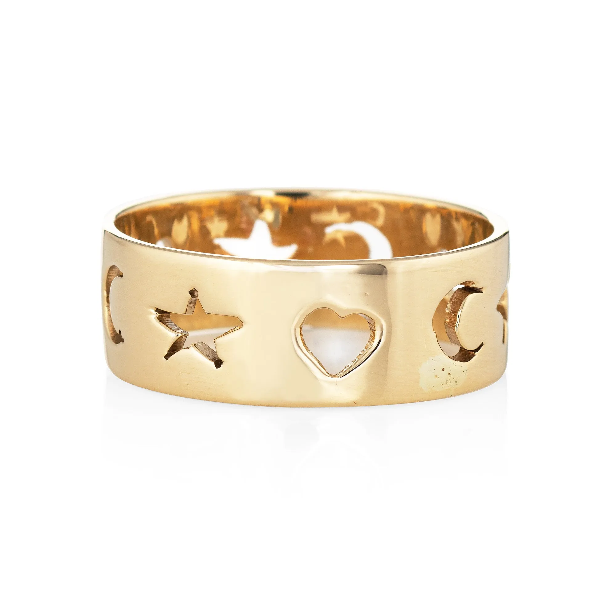Crescent Moon Star Love Heart Band Sz 10 Vintage 14k Yellow Gold Cut Out Ring