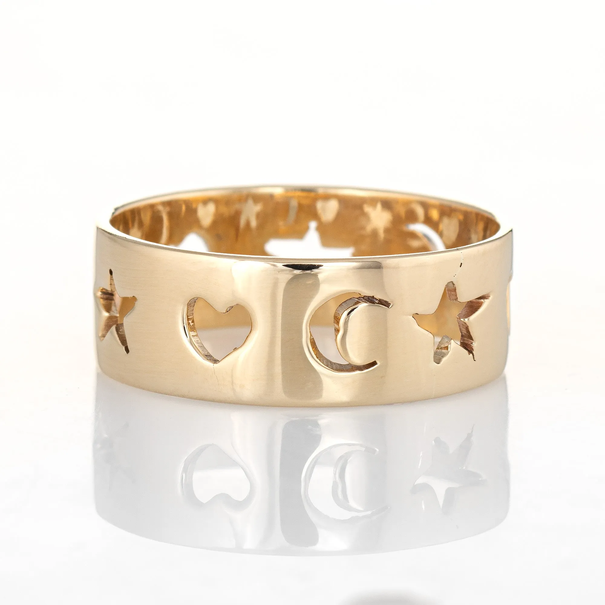 Crescent Moon Star Love Heart Band Sz 10 Vintage 14k Yellow Gold Cut Out Ring