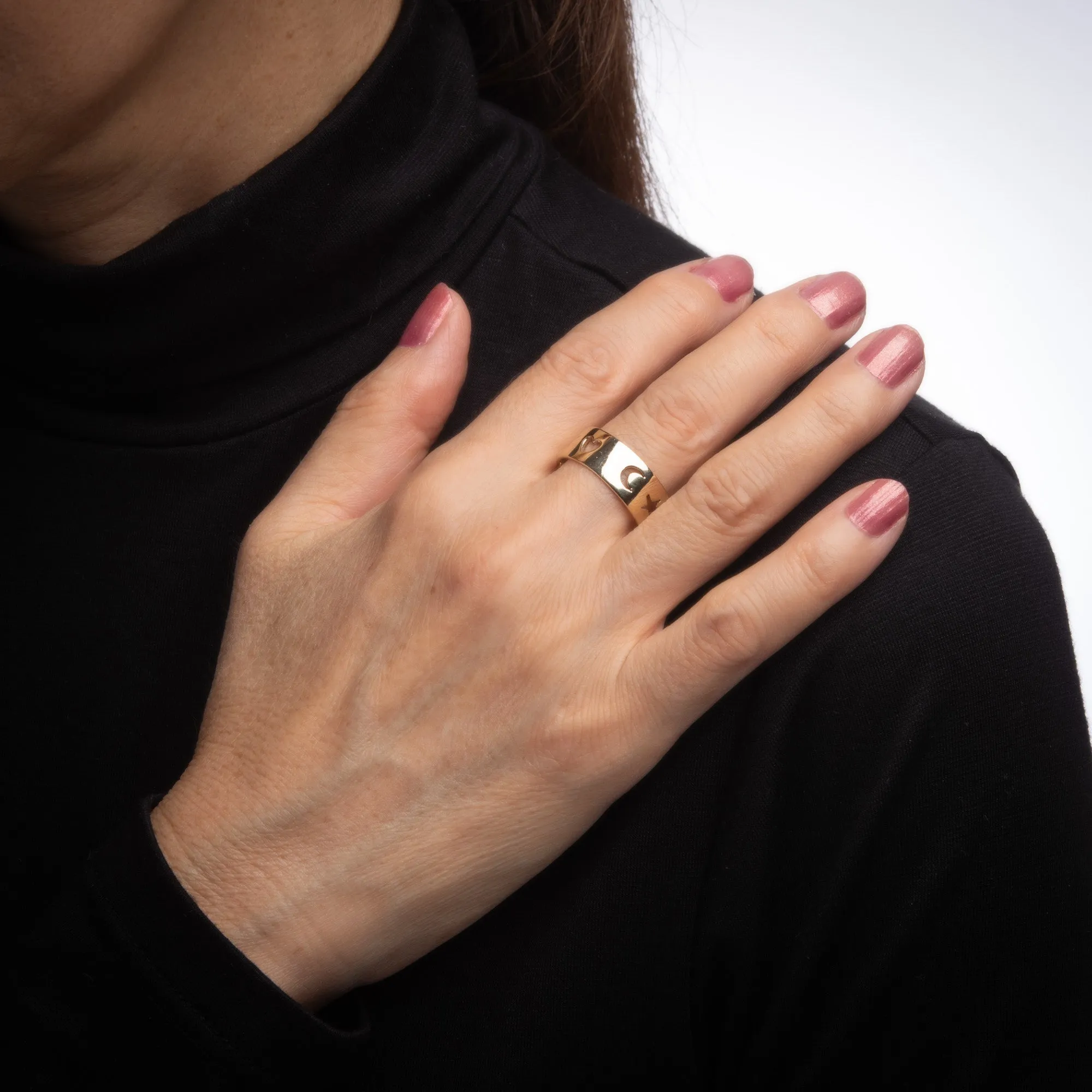 Crescent Moon Star Love Heart Band Sz 10 Vintage 14k Yellow Gold Cut Out Ring
