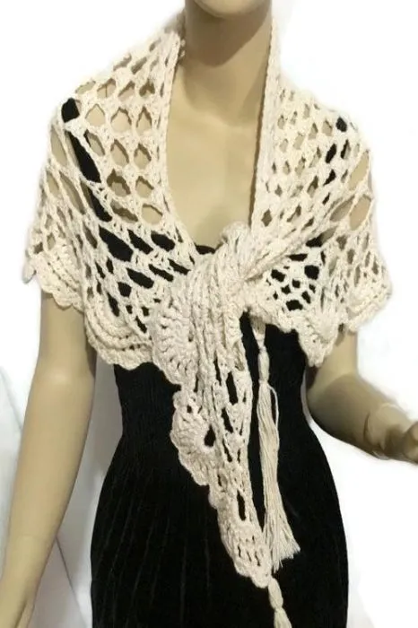 Crochet shawl, THE VANILLA SHAWL, cotton cover up, triangular wrap, READY TO SHIP