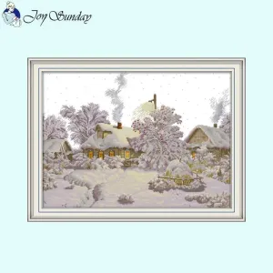 Cross Stitch Winter Village Landscape