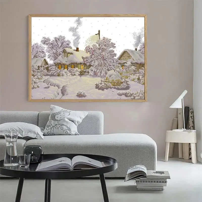 Cross Stitch Winter Village Landscape