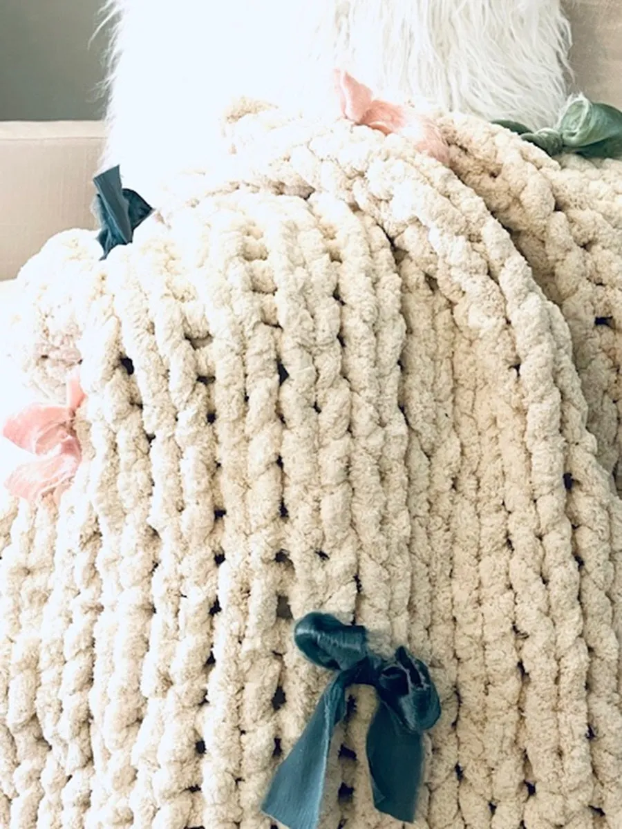 Cute Coquette Velvet Ribbon Hand Crafted Hand Knitted Chenille Throw Blanket