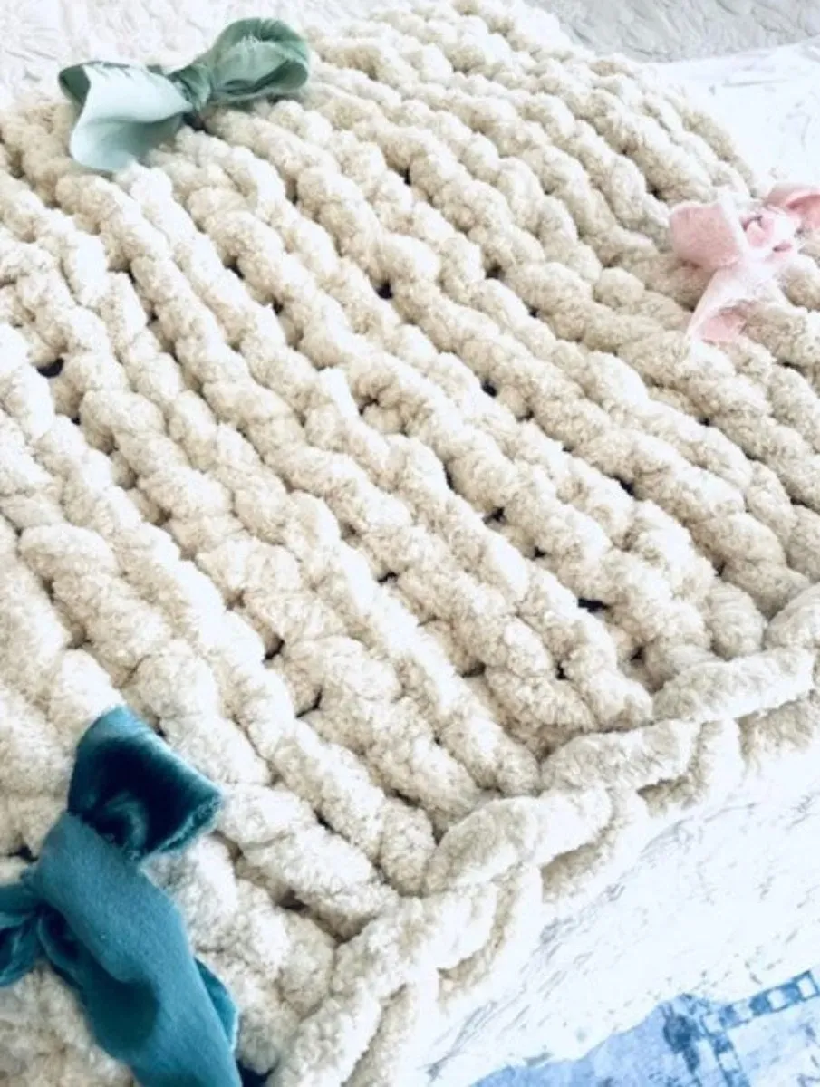 Cute Coquette Velvet Ribbon Hand Crafted Hand Knitted Chenille Throw Blanket
