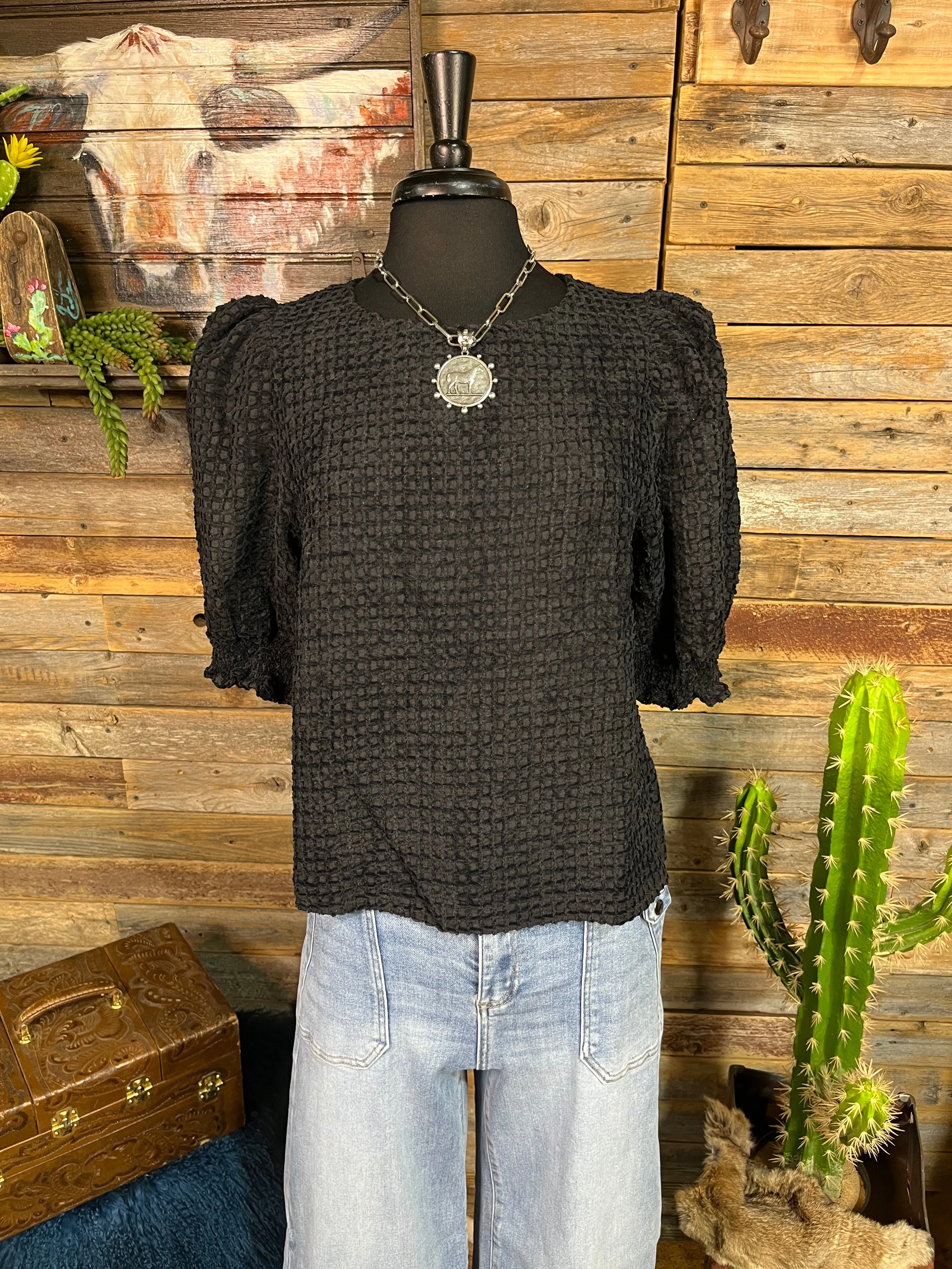 Del Norte Textured Round Neck Puff Sleeve Blouse - Black