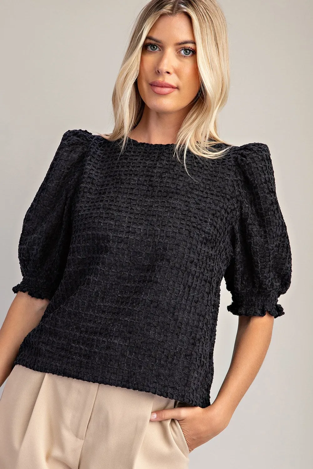 Del Norte Textured Round Neck Puff Sleeve Blouse - Black