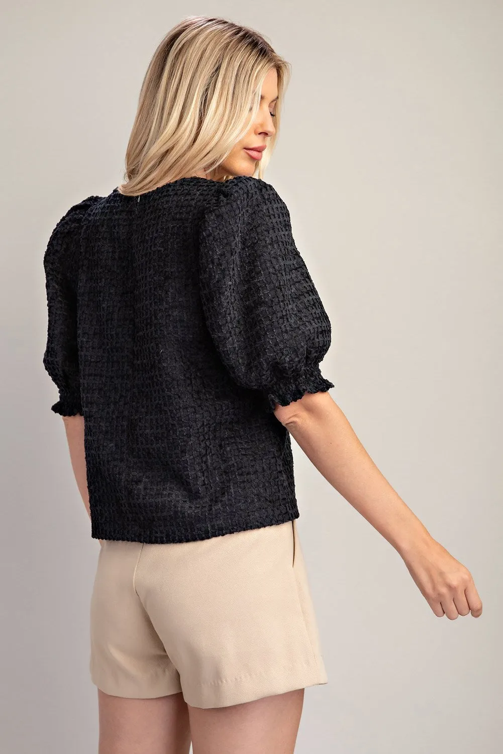Del Norte Textured Round Neck Puff Sleeve Blouse - Black