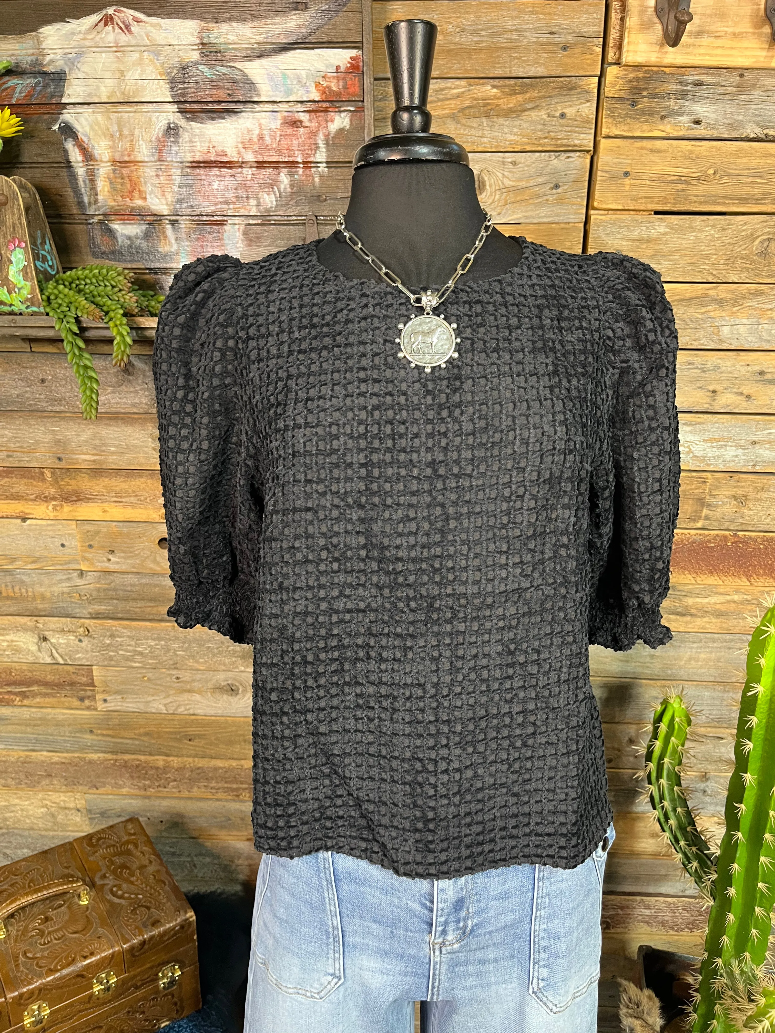 Del Norte Textured Round Neck Puff Sleeve Blouse - Black