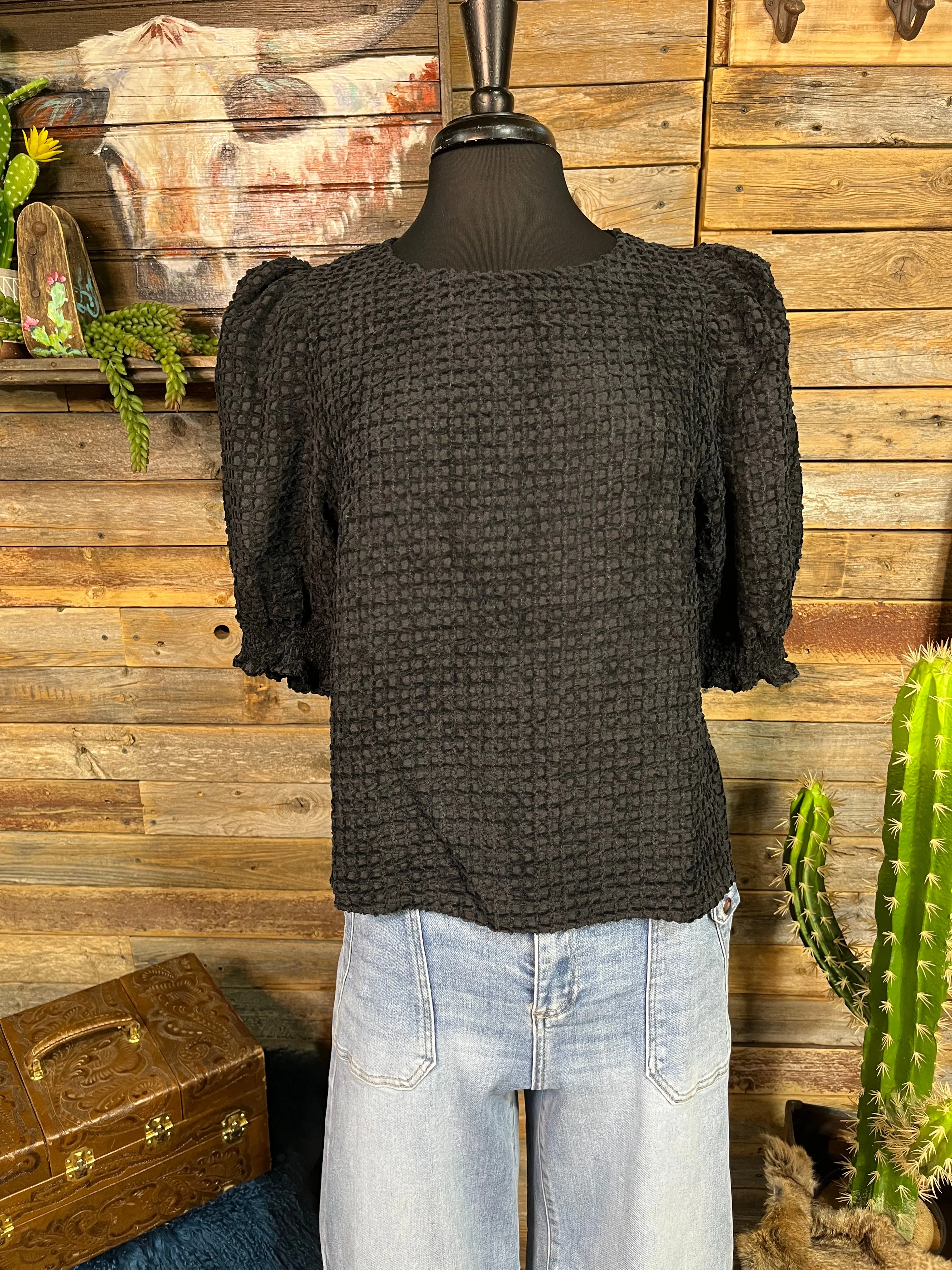 Del Norte Textured Round Neck Puff Sleeve Blouse - Black