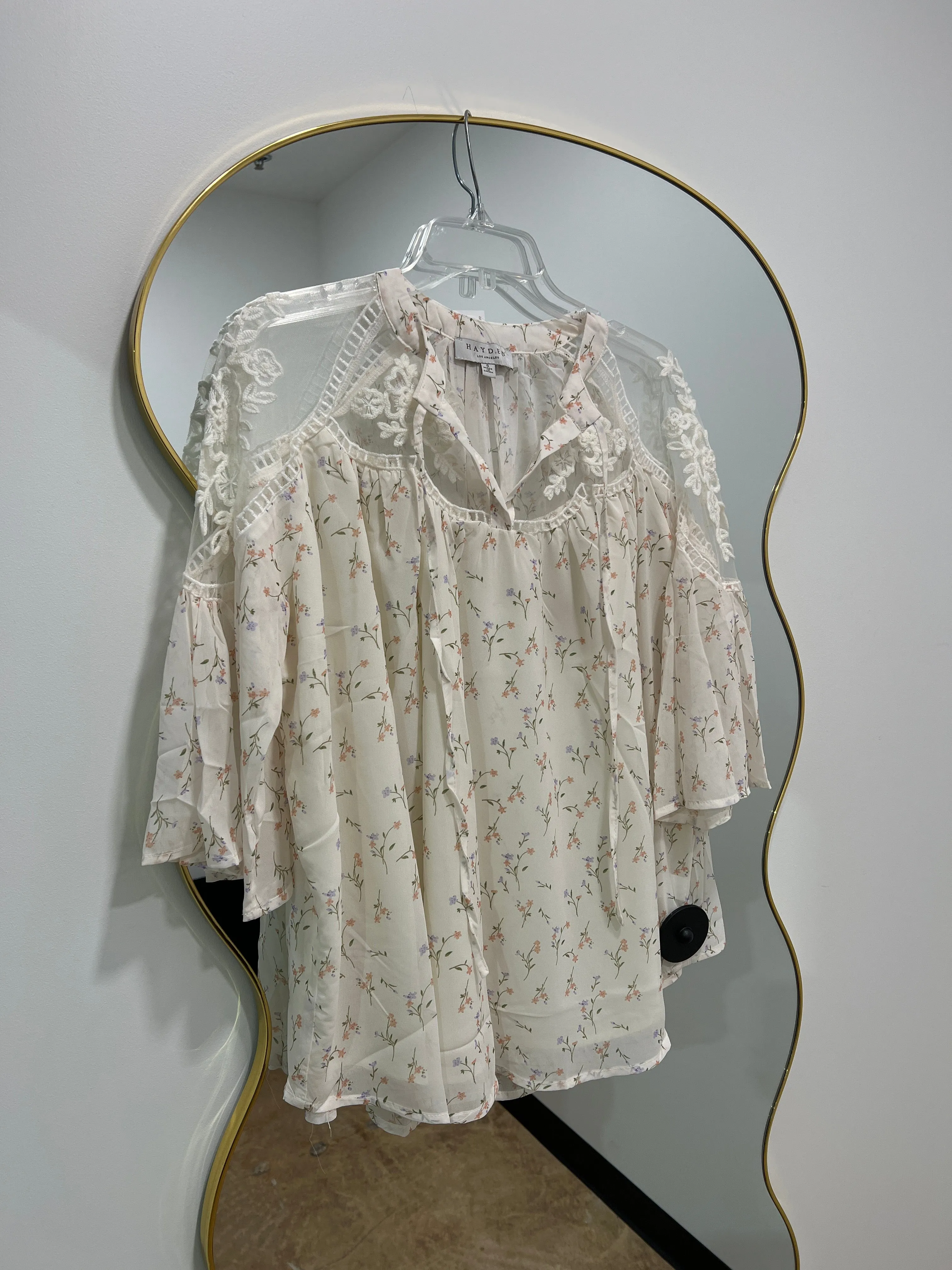 Embroidered Floral Print Bell Sleeve Top