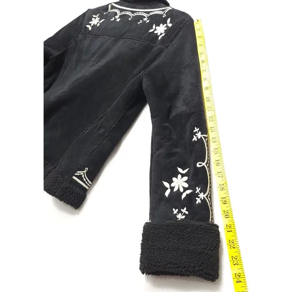 Embroidered Sherpa Lined Jacket Women XS Button Suede Like Black Cream Floral