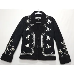 Embroidered Sherpa Lined Jacket Women XS Button Suede Like Black Cream Floral
