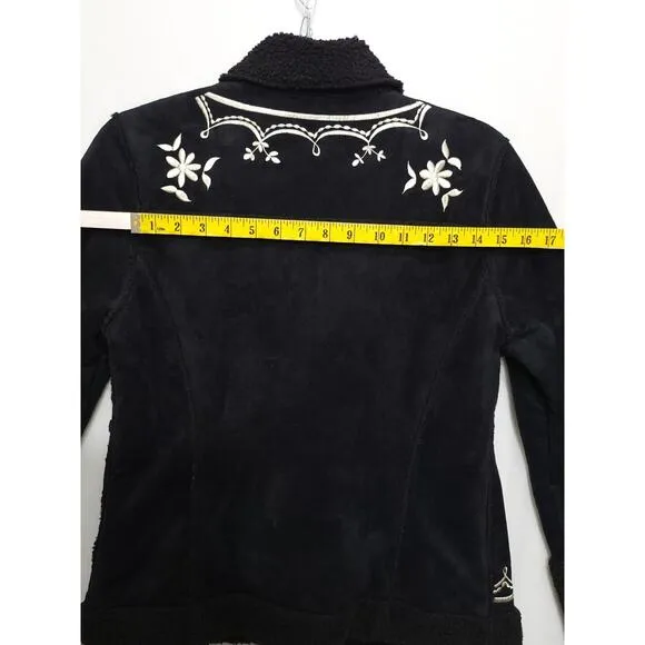 Embroidered Sherpa Lined Jacket Women XS Button Suede Like Black Cream Floral