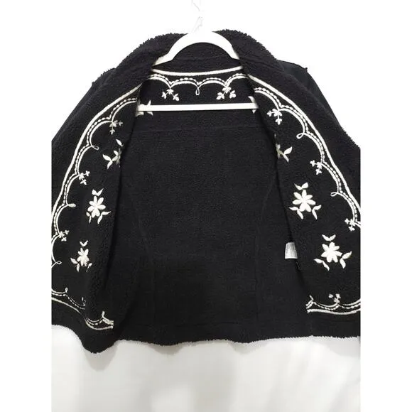 Embroidered Sherpa Lined Jacket Women XS Button Suede Like Black Cream Floral