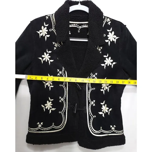 Embroidered Sherpa Lined Jacket Women XS Button Suede Like Black Cream Floral