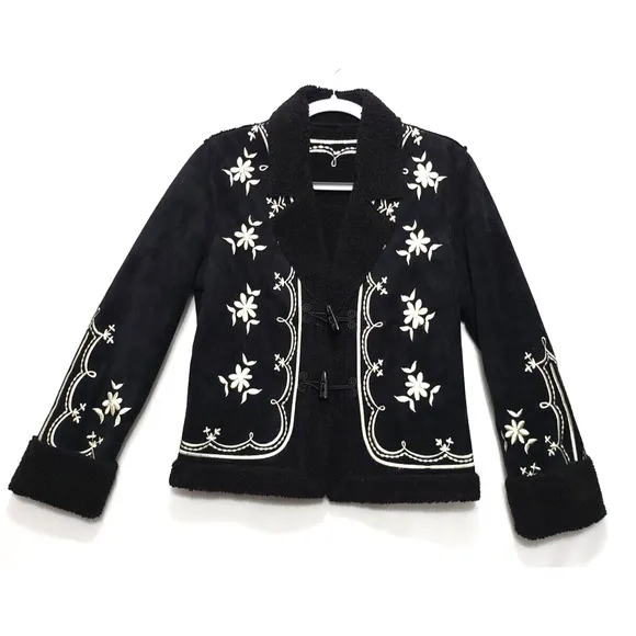 Embroidered Sherpa Lined Jacket Women XS Button Suede Like Black Cream Floral