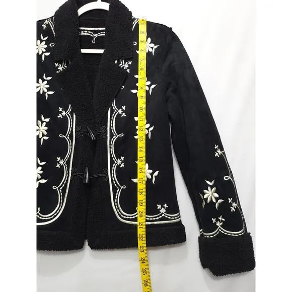 Embroidered Sherpa Lined Jacket Women XS Button Suede Like Black Cream Floral