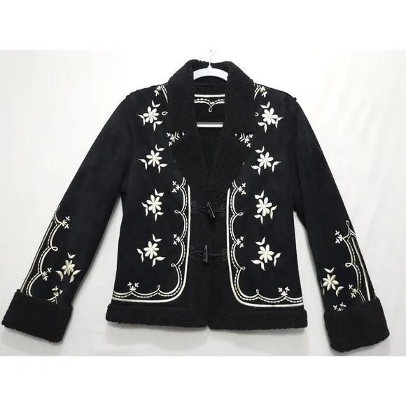 Embroidered Sherpa Lined Jacket Women XS Button Suede Like Black Cream Floral