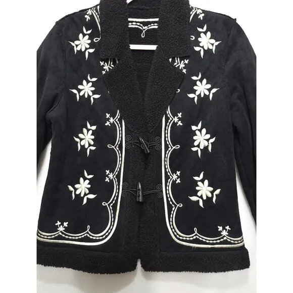 Embroidered Sherpa Lined Jacket Women XS Button Suede Like Black Cream Floral