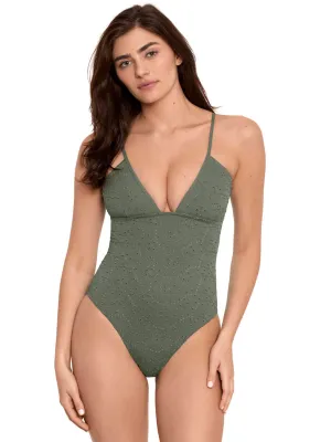 Eyelet V Neck One Piece in Olive