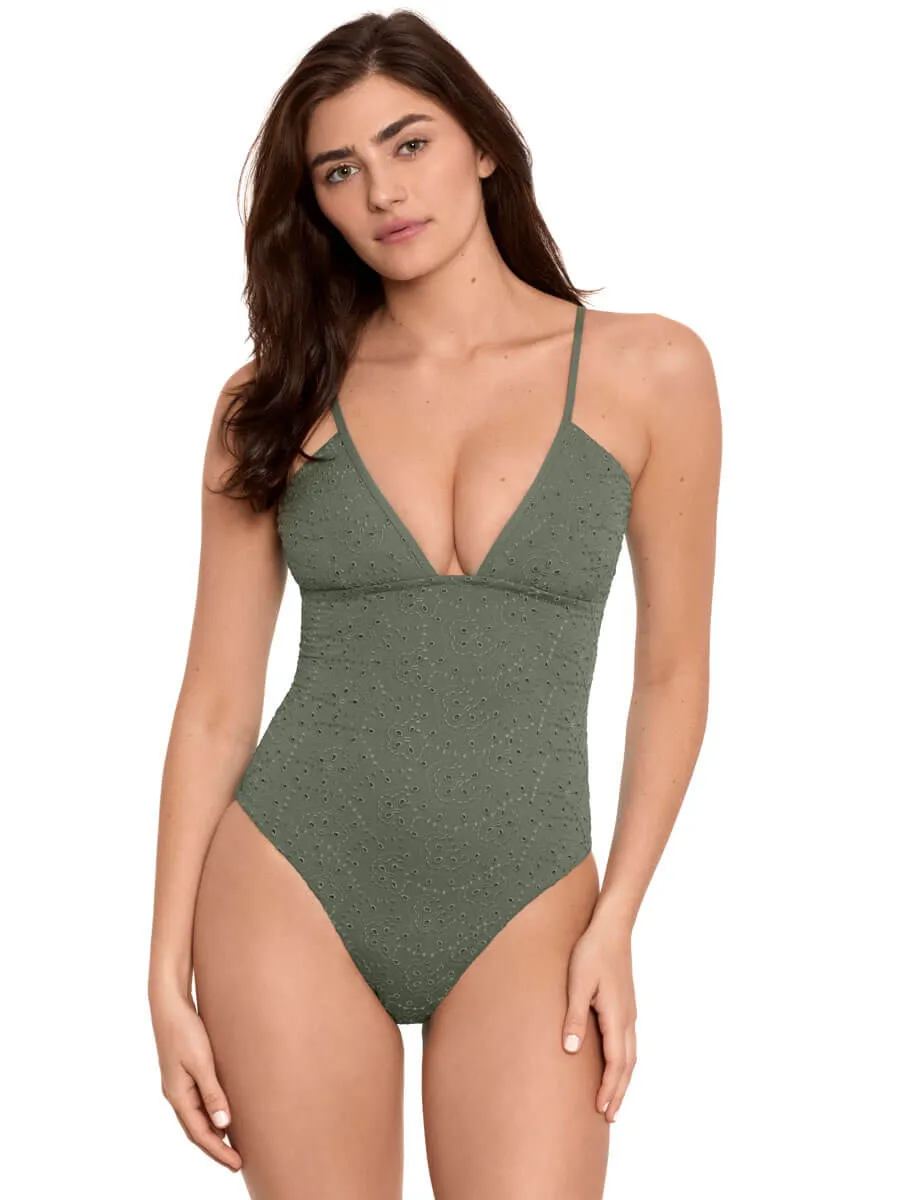 Eyelet V Neck One Piece in Olive