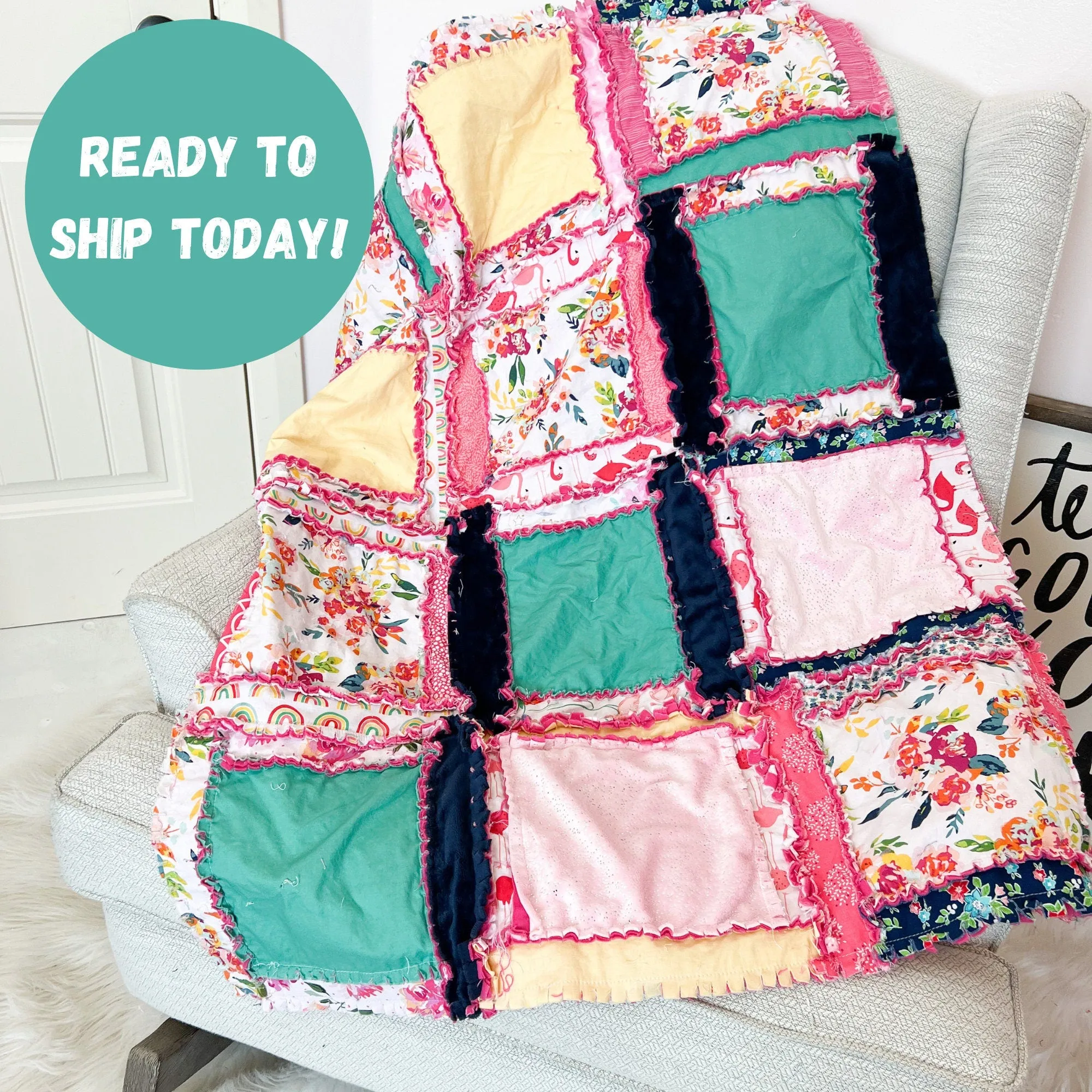 Floral Baby Girl Minky Mini Crib Quilt, Girls Quick Ship Quilts, Yellow Teal Pink Soft Rag Blanket for Girls