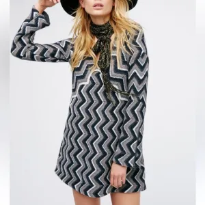 Free People Rhiannon Sweater Dress Chevron Geometric Flared Wool Knit Women’s L