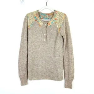 Free People Size M Wool Pullover Sweater Floral Embroidered Lace Boho Cottage