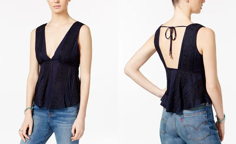 Free People Twist And Shell Embroidered Top | Navy